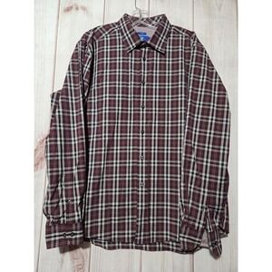EGARA Mens XL Non Iron Sum Fit Burgundy Plaid Dress Shirt Long Sleeve